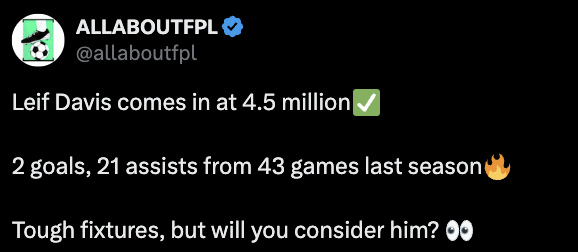 2024/25 Fixture Analysis - Players to Target - Leif Davis 